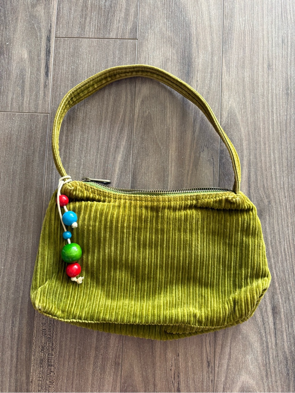 Vintage American Eagle Outfitters Olive Corduroy Shoulder Bag with Beaded Charm - Picture 2 of 5
